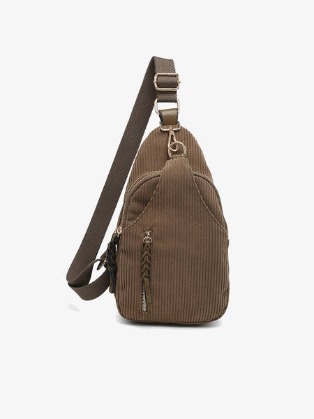 M2342CRDY Nikki Corduroy Dual Compartment Sling Pack Bag: Brown - Lulu Bella Boutique