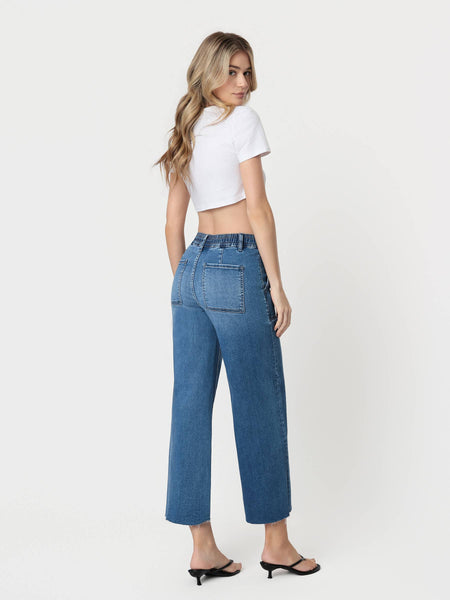 HIGH RISE SUPER SOFT FABRIC DRAWSTRING BAGGY WIDE JEANS
