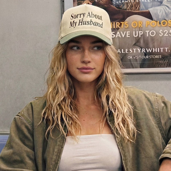 C.C SORRY ABOUT MY HUSBAND Letter Two Tone Trucker Hat: Sage - Lulu Bella Boutique
