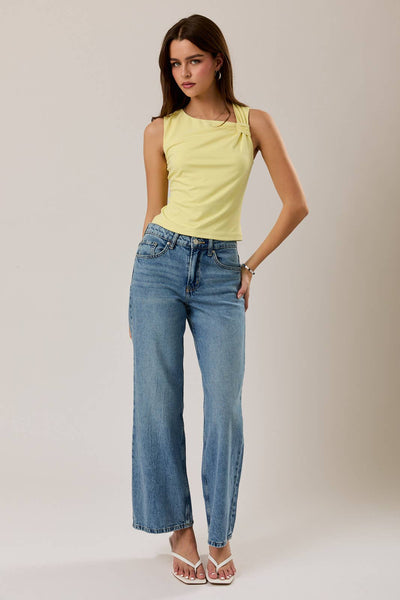 DOUBLE LINED ASYMMETRICAL NECK SLEEVELESS KNIT TOP: LT YELLOW / XS - Lulu Bella Boutique