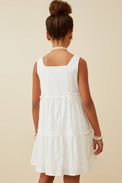 Girls Textured Square Neck Ruffle Tiered Dress: Off White / S - Lulu Bella Boutique