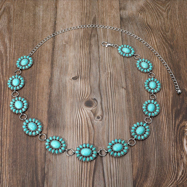 Boho Vintage Western Turquoise Stone Concho Chain Belt: Turquoise - Lulu Bella Boutique