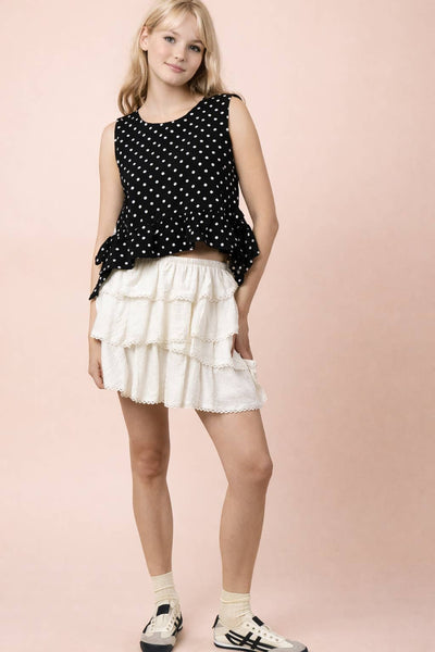 NT12128-Side Tie Detail Ruffled Top: BLACK DOT / S-M-L/2-2-2 - Lulu Bella Boutique