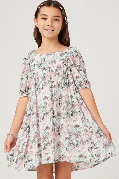 Girls Antique Floral Tie Sleeve Square Neck Dress: Pink