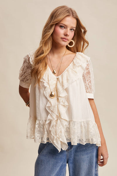 Lace Trim Ruffle Peplum Blouse LT1448: Cream / Contemporary / S - Lulu Bella Boutique