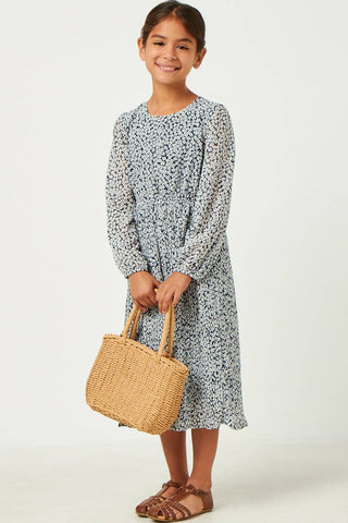 Girls Long Sleeve Ditsy Floral Pleated Skirt Dress: Navy