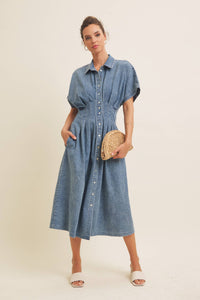 STRETCHY DENIM MIDI DRESS WITH MINERAL-WASHED: WASHED DENIM / L - Lulu Bella Boutique