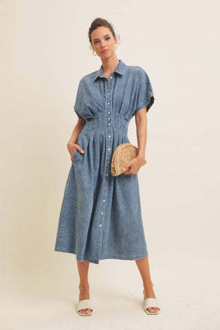 STRETCHY DENIM MIDI DRESS WITH MINERAL-WASHED: WASHED DENIM / L - Lulu Bella Boutique