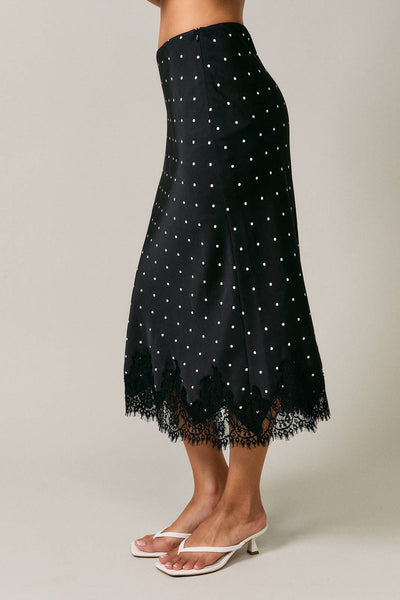 LACE TRIM BIAS CUT POLKA DOT MIDI SKIRT: BLACK-WHITE DOT / XS - Lulu Bella Boutique