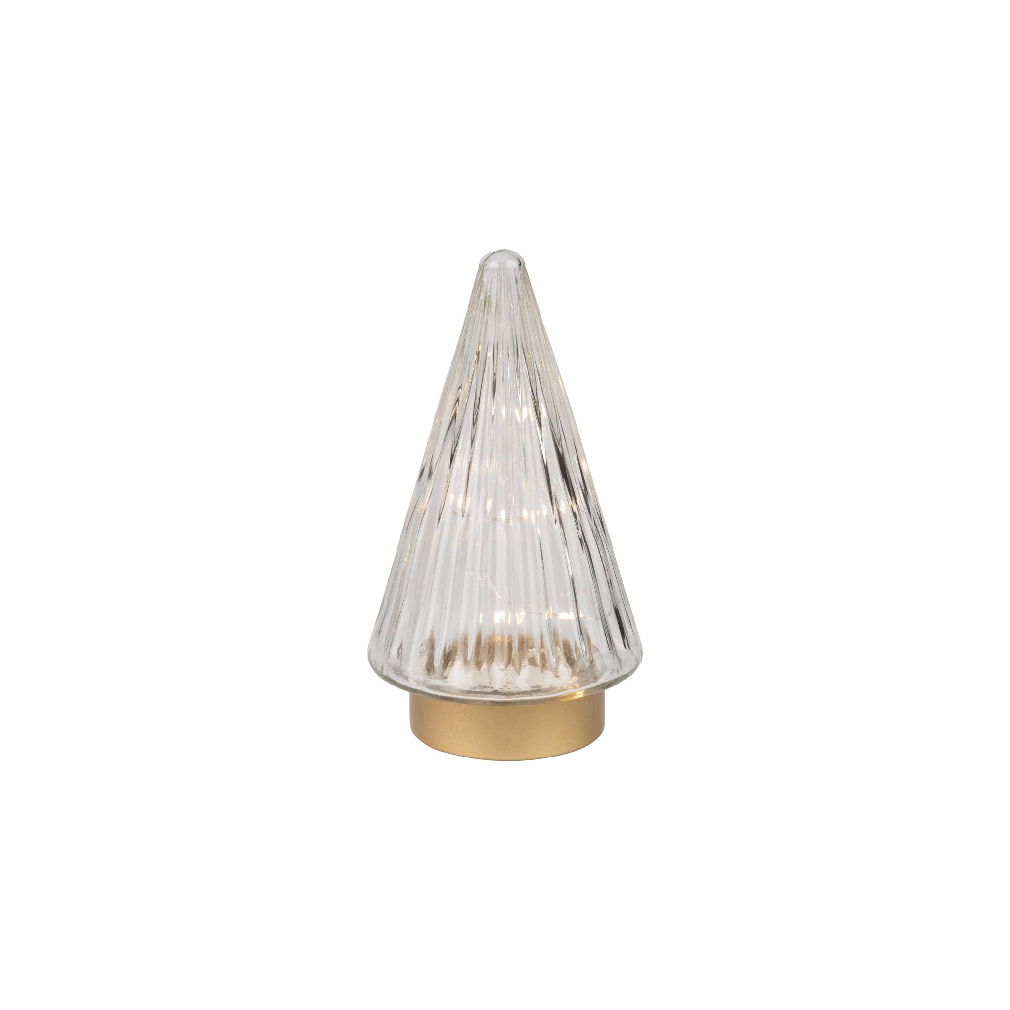 Glass cone tree tblpc,LED,clear,gld mtl base,7.75in