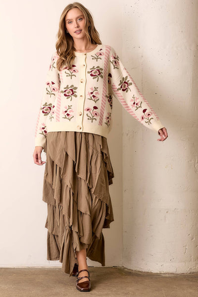 FLORAL INTARSIA SWEATER CARDIGAN: CREAM / L