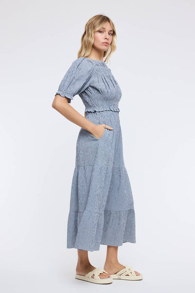 GINGHAM SMOCKED MIDI DRESS: NAVY/WHITE - Lulu Bella Boutique