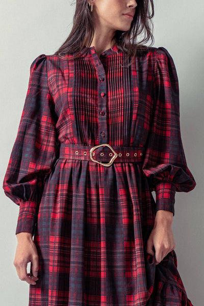 Plaid Belted Layered Button Down Balloon Sleeve Maxi Dress - Lulu Bella Boutique