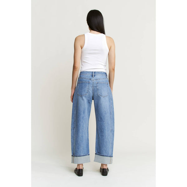 HIGH RISE BARREL-LEG DETAILING CUFFED HEM: DUSTY SKY / 24 - Lulu Bella Boutique