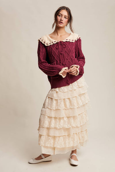 Two-Tone Crochet Collar Cable Knit Cardigan: Cranberry