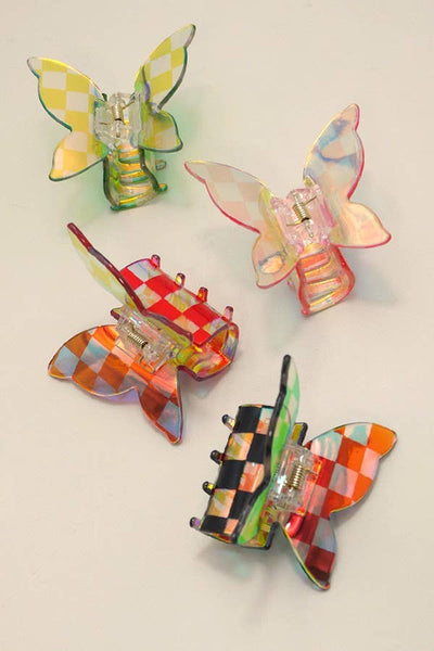 CHECKER BUTTERFLY HOLOGREAPHIC HAIR CLAW CLIPS | 40H776: FUCHSIA - Lulu Bella Boutique