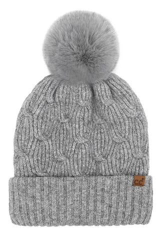 C.C Chain Link Knitted Pom Beanie Winter Hat: Gray