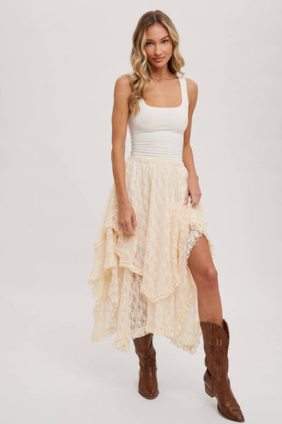 LACE TIER MIDI SKIRT: ECRU