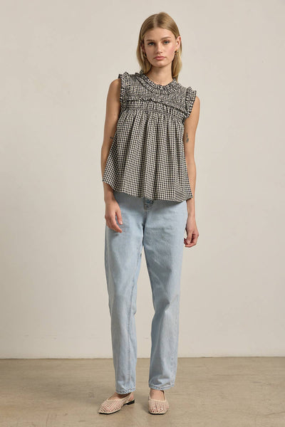 GINGHAM RUFFLE BLOUSE - RT1037: Black / S-M-L (3-2-1) - Lulu Bella Boutique