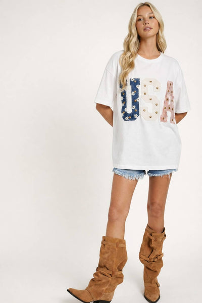 Mixed-Media Studded USA Graphic Tee: WHITE / S - Lulu Bella Boutique