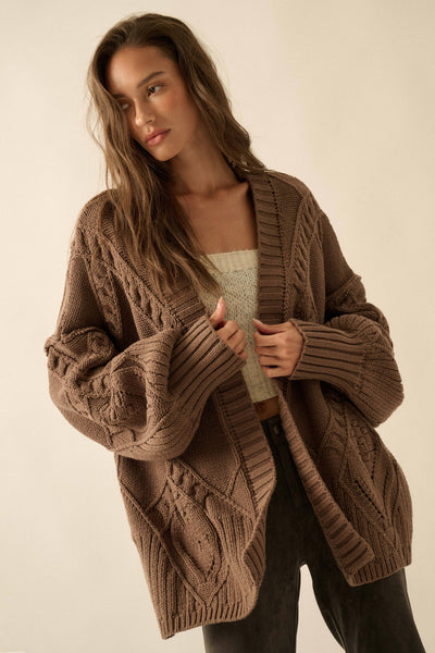 Cable-Knit Oversize Balloon-Sleeve Cardigan: Mocha / S - Lulu Bella Boutique
