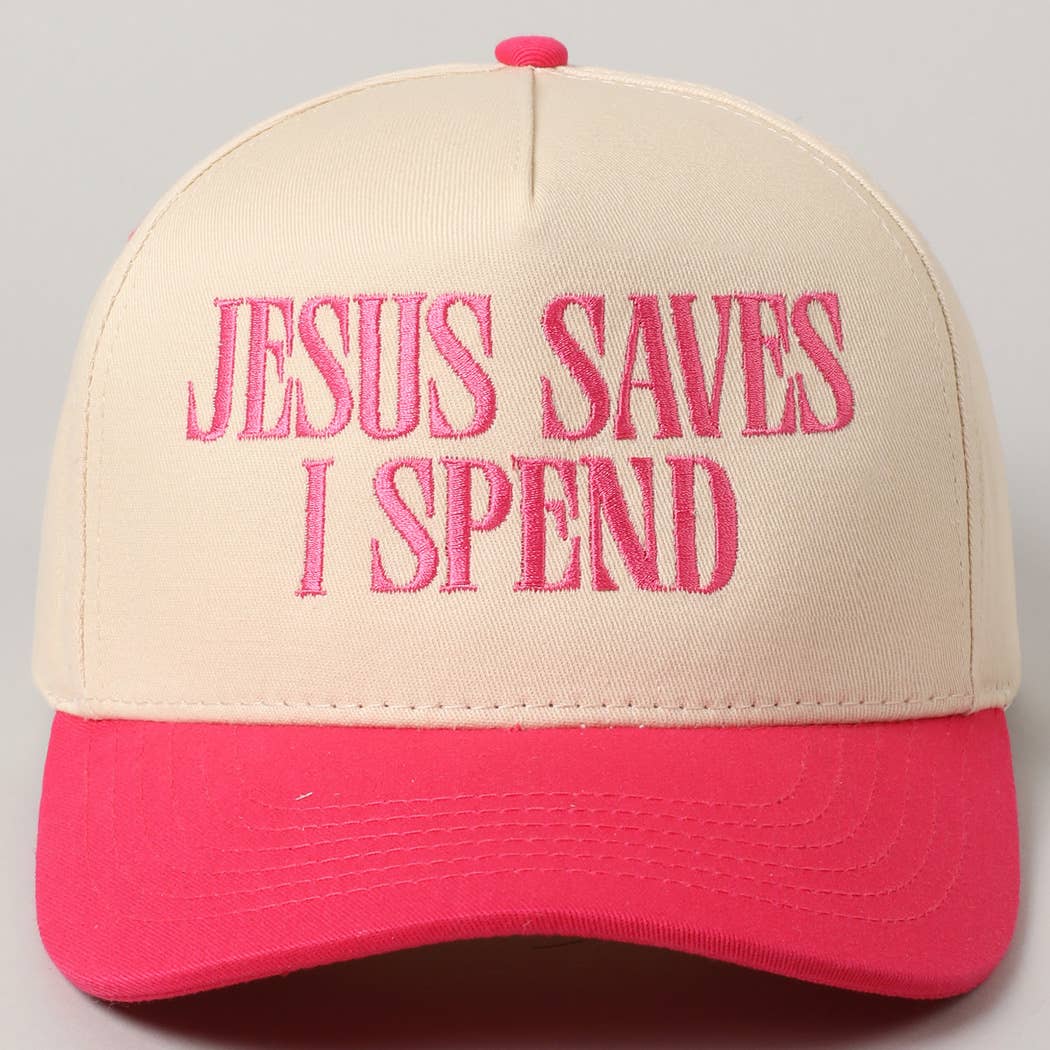 JESUS SAVES I SPEND Embroidery Trucker Hat: HOT PINK / ONE SIZE - Lulu Bella Boutique
