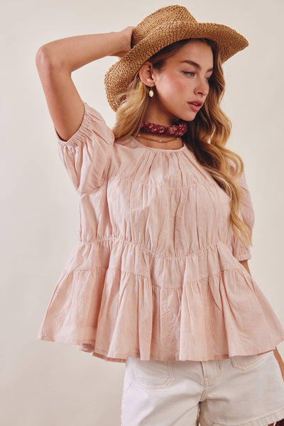 Embroidered Rose Peplum Blouse: Rose Latte - Lulu Bella Boutique