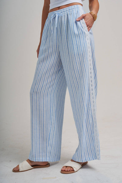 CASUAL PANTS WITH DELICATE RIBBON TRIM ON THE SIDE: VINTAGE BLUE / S-M-L(2-2-2) - Lulu Bella Boutique
