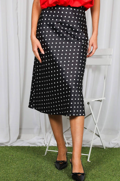 Dot Print Bias Cut Satin Midi Skirt VS51610K: Black / S - Lulu Bella Boutique