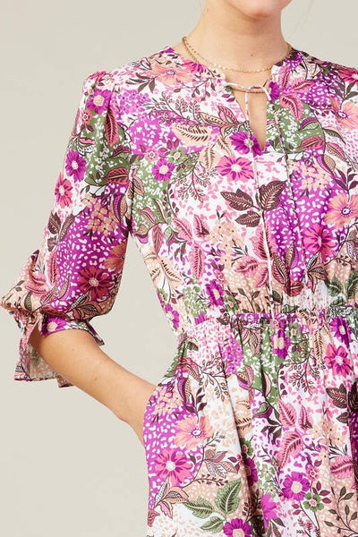 Long Sleeve Printed Split Neck Tiered Maxi Dress: Orchid Multi - Lulu Bella Boutique