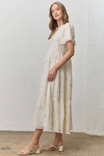 FLORAL EMBROIDERED MIDI DRESS: CREAM MULTI / S - Lulu Bella Boutique