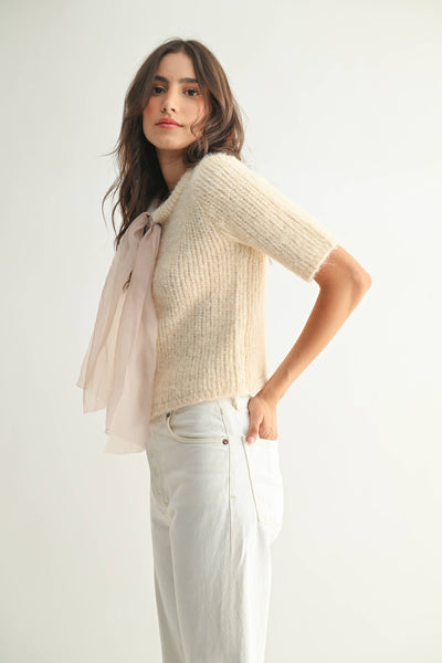 KNIT CARDIGAN WITH CHIFFON BOW - SAND