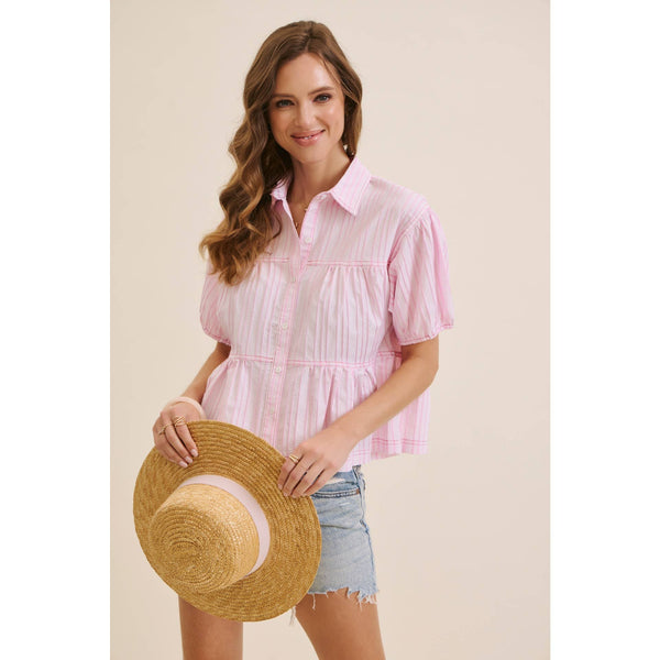 TEXTURED STRIPE OVERSIZED SHIRT WITH CONTRAST STITCHING: PINK / S - Lulu Bella Boutique
