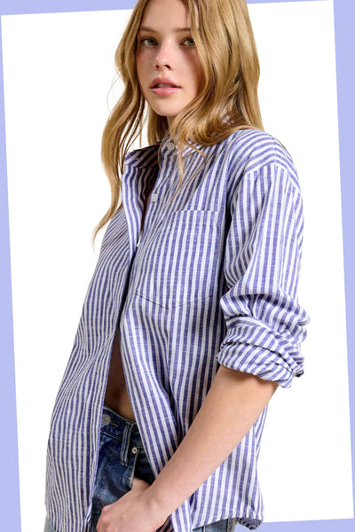 Collared Contrast Stripe Button Down Shirt: Denim