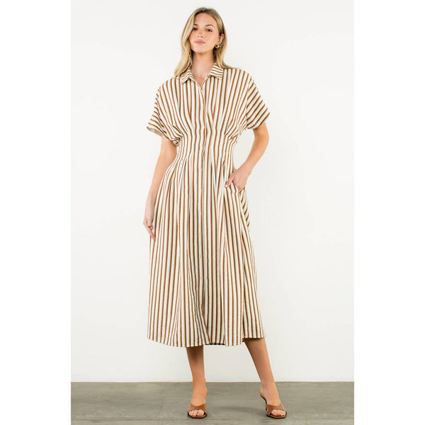 Striped Pintuck Button-Up Maxi Dress: BROWN / XS-S-M-L(1-2-2-1) - Lulu Bella Boutique