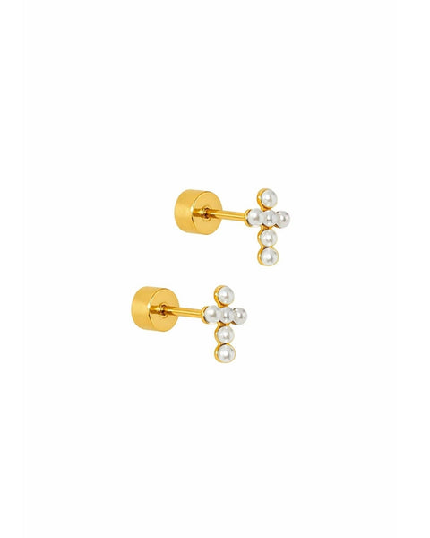 Screwback Stud Earrings - Clara Cross Pearl