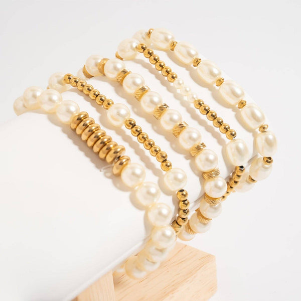18K Gold PVD 8mm Kiska Glass Pearl Stretch Bracelet: Gold