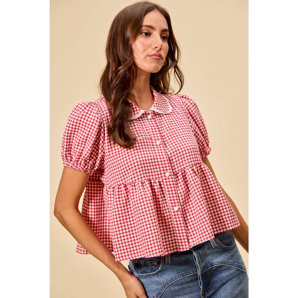 CHECK FRONT BUTTON SHORT PUFF SLEEVES BLOUSE TOP: RED CHECK / S - Lulu Bella Boutique
