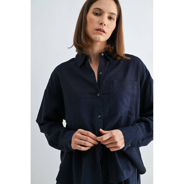 LINEN DROP SHOULDER SHIRT: Navy / S-M-L(2-2-2) - Lulu Bella Boutique