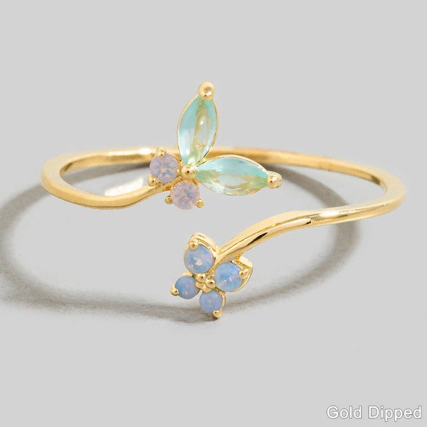 Gold Dipped Cz Butterfly And Flower Band Open Ring