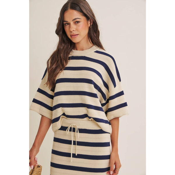 WEEKEND IN CANNES SOFT DRAPE COTTON STRIPE SET: NATURAL/NAVY