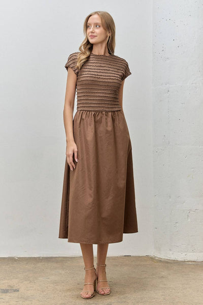 SHIRRED TOP MAXI DRESS: BROWN