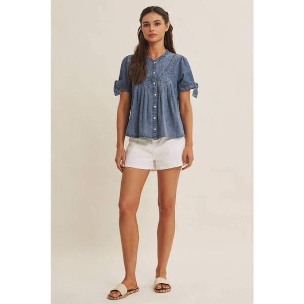 SUNNY DAY MINERAL-WASHED DENIM PINTUCK SHIRT WITH TIE SLVS: WASHED DENIM / S - Lulu Bella Boutique