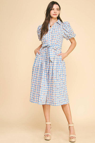 CHECKER WITH CHERRY PRINT MIDI DRESS -Blue / M - Lulu Bella Boutique