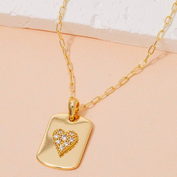 Gold Dipped Cz Heart Dog Tag Pendant Necklace: GOLD - Lulu Bella Boutique