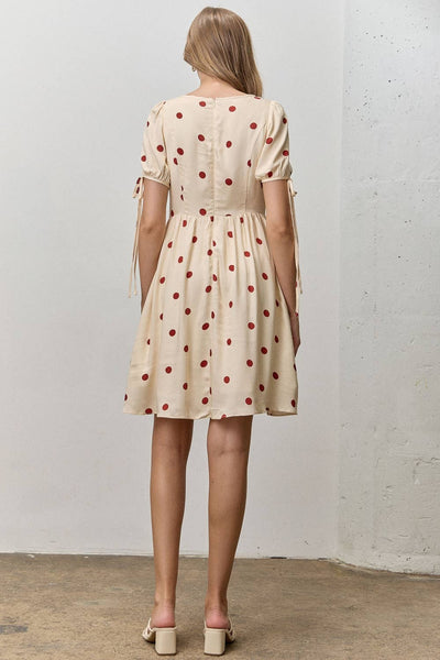POLKA DOT PRINT SHORT SLEEVE DRESS: CREAM/RED / S - Lulu Bella Boutique