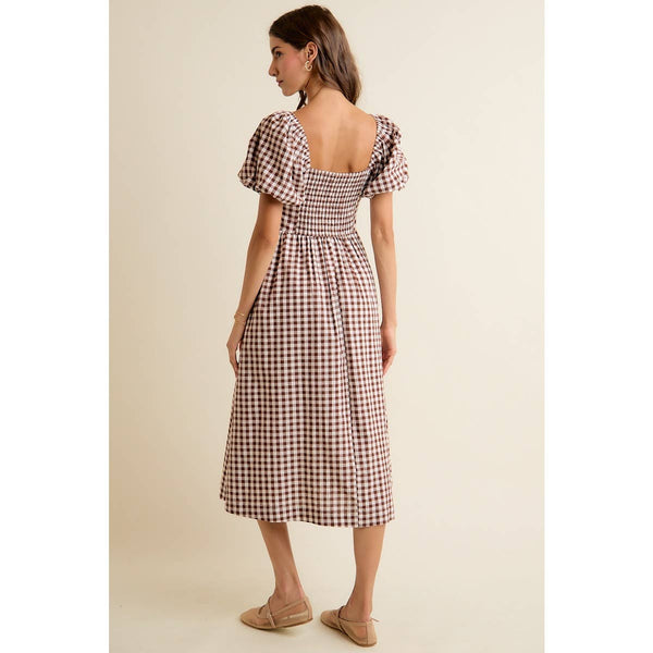 GINGHAM LACE TRIM PUFF SLEEVES LINED MIDI DRESS: BROWN / S - Lulu Bella Boutique