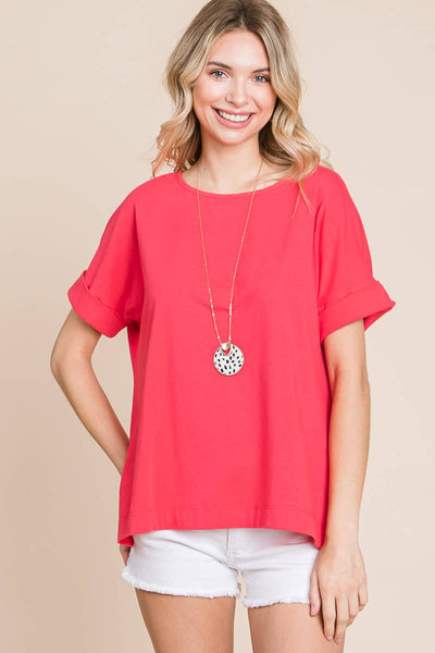 Plus Size Solid Cotton Casual Top: 3XL / Coral