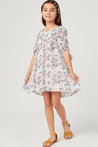 Girls Antique Floral Tie Sleeve Square Neck Dress: Pink