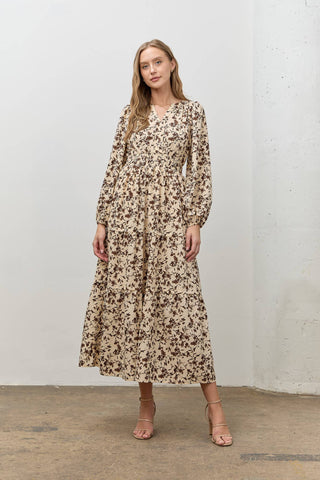 FLORAL PRINT LONG SLEEVE MIDI DRESS: CREAM MULTI